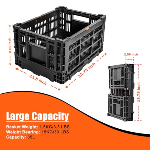 YEEGO DIRECT Bike Basket Rear, Folding 35L Large Capacity Rear Bike Baskets, Collapsible Bicycle Storage Bike Milk Crate Rear Rack,Waterproof Cover for Shopping,Outings,Pets E-Bike Accessories (Black) - Thumbnail 4