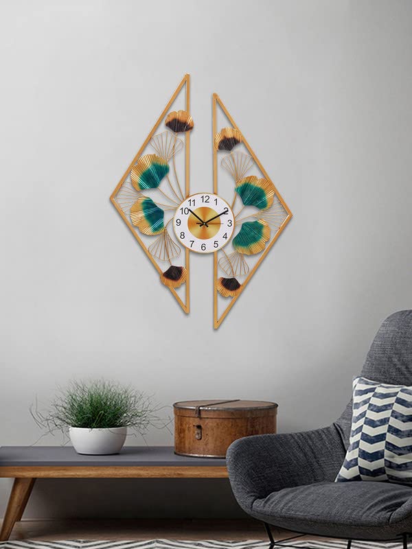 Image of CHRONIKLE Stylish Wall Art Floral Design Analog Metal English Numbers Wall Clock for Living Room Home Decoration Office Gifts (Size: 68 x 1 x 97 CM | Weight: 2230 Gram | Color: Golden & Green)