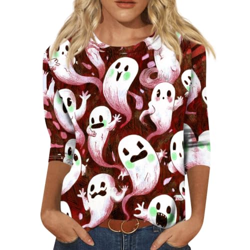 Image of Women Spooky Halloween Graphic Shirt 3 /4 Length Sleeve Crewneck Top | Halloween Funny Printed Pumpkin Plus Size Tshirts 2026 Fall Outfits Skeleton Tee Going Out Tops
