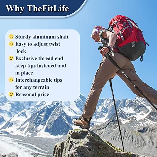 TheFitLife Nordic Walking Trekking Poles - 2 Packs with Antishock and Quick Lock System, Telescopic, Collapsible, Ultralight for Hiking, Camping, Mountaining, Backpacking, Walking, Trekking (Black) - 2