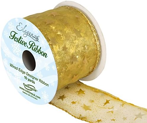 Oaktree UK Eleganze Satin Stars and Dots Festive Ribbon, Gold