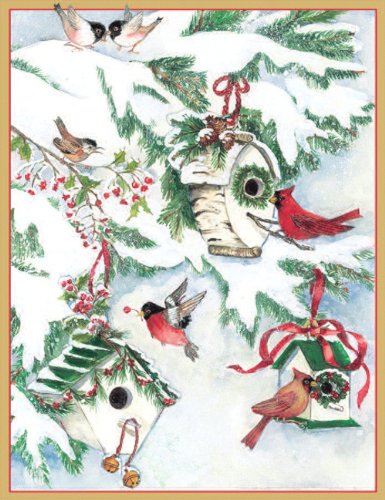 Entertaining with Caspari Bird Houses in Snow Christmas Cards with Unlined Envelopes, Box of 16