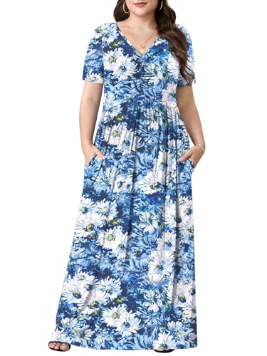 Image of PEVRL Plus Size Summer Maxi Dress for Curvy Women with Pockets 1X-5X | Short Sleeve, Twisted Front V-Neck, Summer Casual A Line Flowy Dress, Empire Waist Floral Print Beach Vacation Long Dress