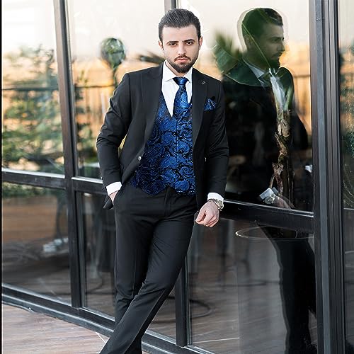 Image of DiBanGu Mens Paisley Vest Silk Sleeveless Suit Vest and Neck Tie Pocket Square Cufflinks Set for Wedding Formal