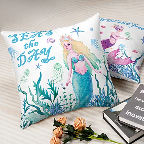 Kwlegh Summer Coastal Mermaid Throw Pillow Covers 18X18 Set Of 2 Ocean Theme Beach Decorative Pillowcases Cotton Blend Square Pillow Covers Outdoor Room Decor For Couch Bed Sofa #TOP5