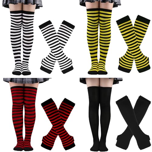 Womens Striped Thigh High Socks Over Knee High Socks Leg Warmer Long Fingerless Gloves Set for Halloween Christmas Cosplay2