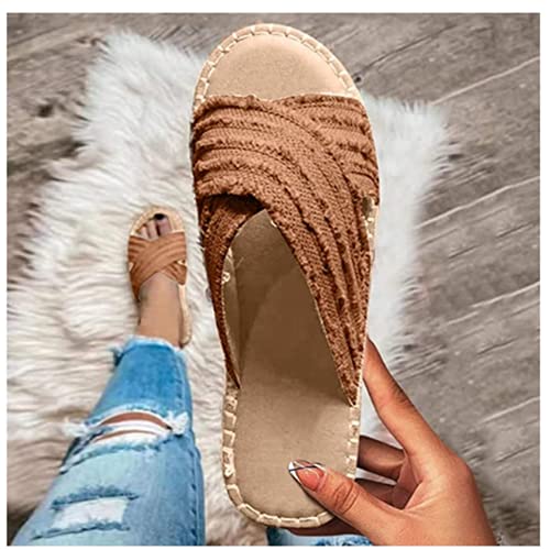 Cleo Espadrille Slides - 2022 Flat-Bottomed Straw Cross Fisherman Shoes Womens Flat Slide Sandals, Open Toe Espadrille Nonslip Espadrille Beach Sandals Boho Outer Wear Sandals Slippers (Brown, 6)