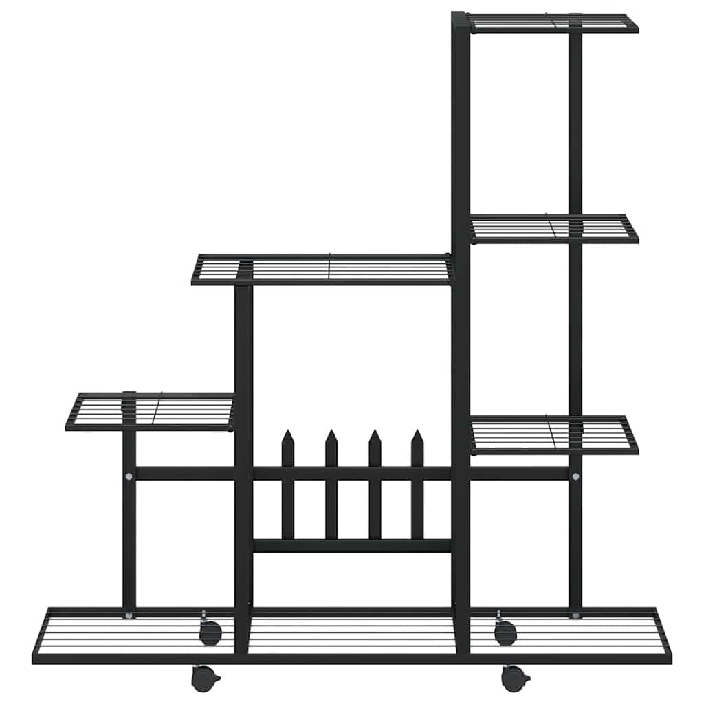 Blumenständer auf Rollen Metall schwarz 94,5x25x92,5 cm mit vier Rollen, Pflanzenständer und Blumentreppe für Balkon Terrasse Indoor, stabiles Pflanzregal als Deko Display und Aufbewahrung