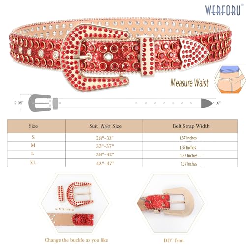 Image of WERFORU Women Men Western Rhinestone Studded Leather Belt Unisex Bling Cowgirl Cowboy Waist Belt for Jeans Pants Dress