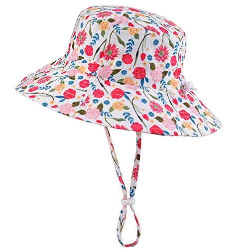 Baby Sun Hat - Adjustable Infant Toddler Summer Beach Hat with Chin Strap Kids UPF 50+ Wide Brim Bucket for Girls(Rose Flowers,Tag50/6-24 Months)