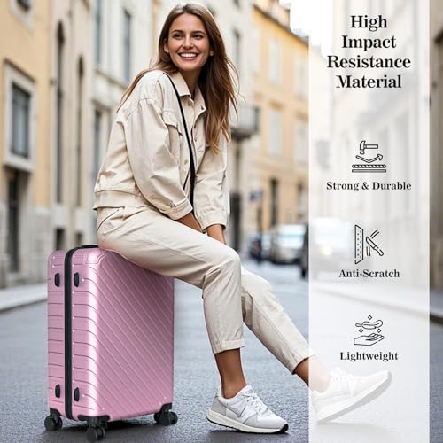 Apelila 4 Piece Hardshell Luggage Sets,Travel Suitcase,Carry On Luggage with Spinner Wheels Free Cover&Hanger Inside4PC (Light Pink line)