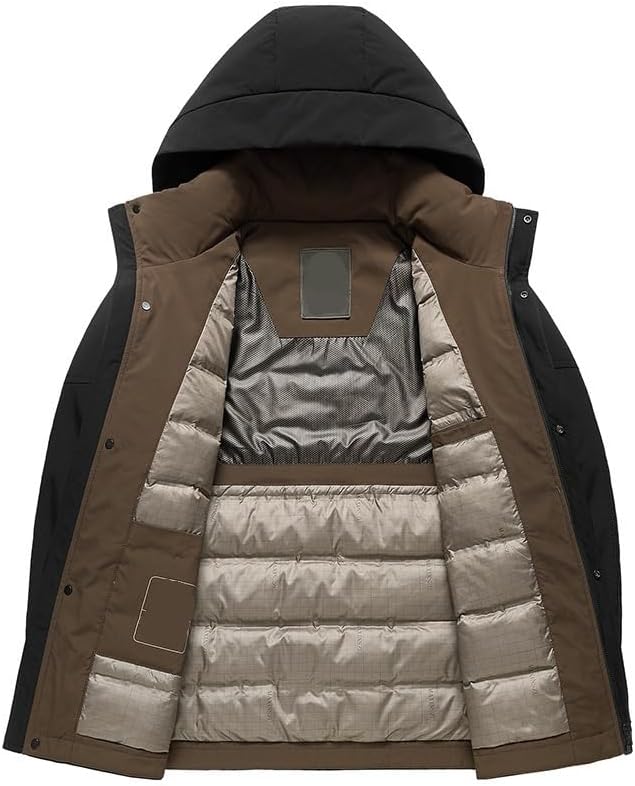 Mens Mid Length Hooded Down Jacket Removable Hood Thick Warm Winter Puffer Coat Trendy Outerwear