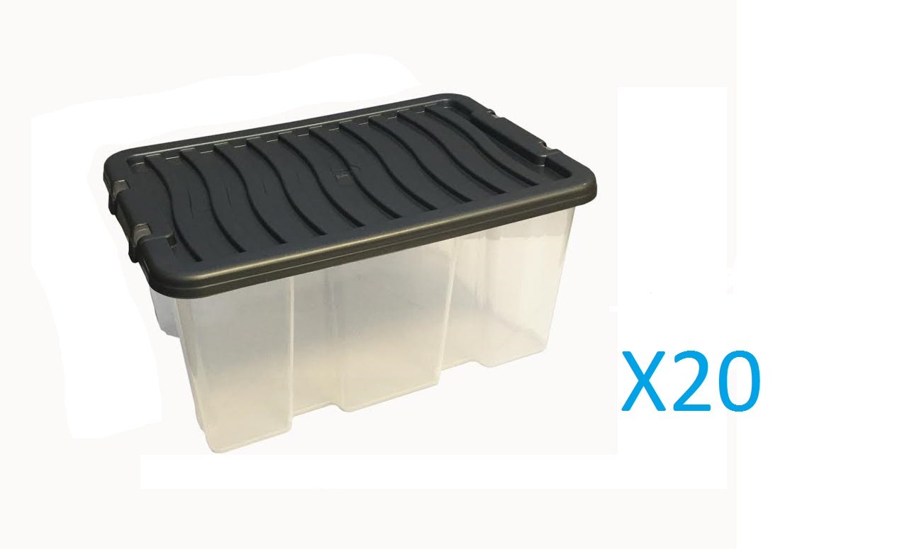 KetoPlastics PACK OF 20 PLASTIC CLEAR STACKABLE STORAGE/SHOE BOXES WITH BLACK LIDS - 11L