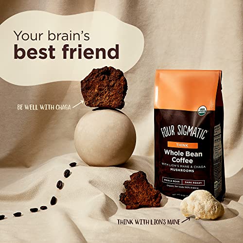 Dark Roast Organic Whole Bean Coffee By Four Sigmatic | Fair Trade Coffee Beans Coated With Lion's Mane, Chaga Mushrooms | Nootropic Mushroom Coffee For Enhanced Brain Function & Immune Support | 12Oz #TOP4