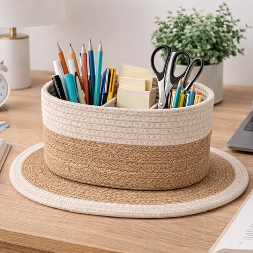 Image of Remote Stand for Table | Cotton Rope Storage Basket for Makeup Organisers, Coffee Table Organiser & Remote Holder for Living Room | Eco-Friendly Dual-Tone Organizer with Mat (Off-White & Beige)