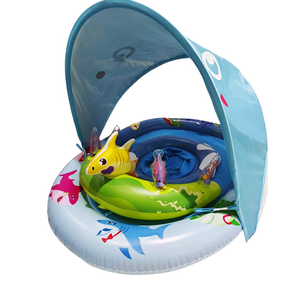 Inflatable Baby Pool Float with UPF50+ Sun Protection Canopy, Adjustable Safety Seat & Interactive Toy Play Console - Includes Ocean Animal Toys for Infants & Toddlers 3-36 Months (Blue+Green)