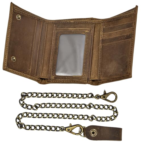 Trifold Wallets for Men,Men's Tri-fold Vintage Biker Cowhide Top Grain Leather Steel Chain Wallet,Snap Closure (Light Brown)