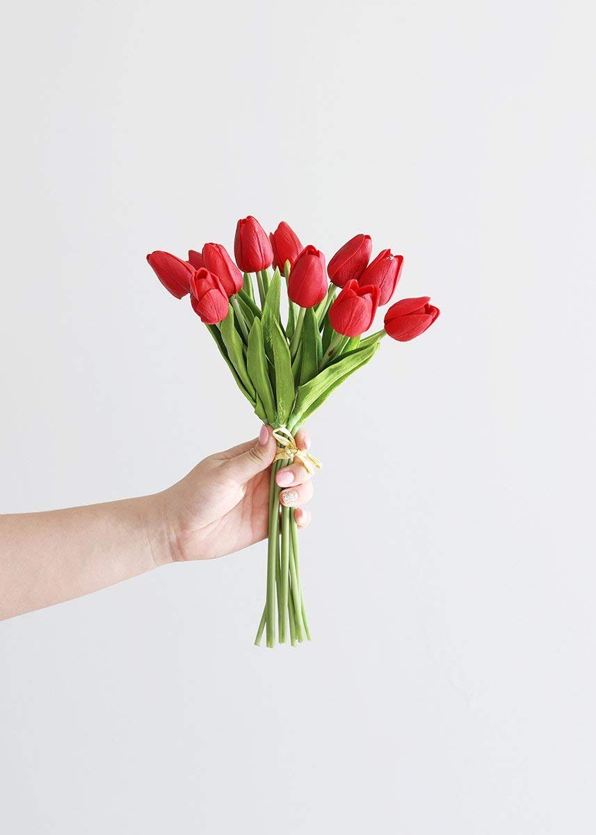 AfloralK&K Interiors 13.5 Inch Real Touch Mini Tulip Bouquet (12 Stems Per Bundle), Red