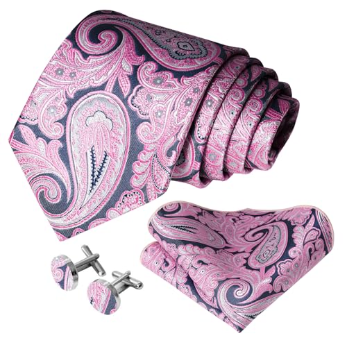 Image of 5PCS Mens Silk Designer Tie, Pocket Square, Cufflinks, Drilled Tie Ring and Lapel Pin Set for Wedding Groom Party
