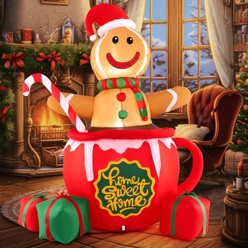 COSTWAY 7FT Inflatable Gingerbread Man in Hot Cocoa Mug, Blow up Christmas Inflatable Decoration with LED Lights for Home Party, Yard, Garden, Lawn