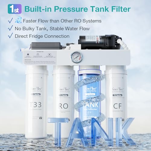 Image of SimPure T2-600T Reverse Osmosis Water Filter System Near 0 TDS Water, NSF /ANSI 58 Certified, Built-in Pressure Tank Filter, UV, 600 GPD 8 Stage RO Filtration, 2:1 Pure to Drain Ratio