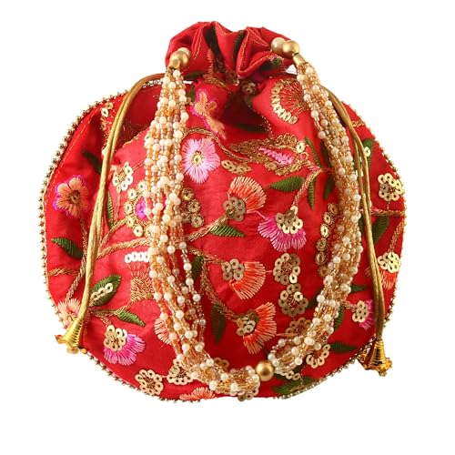 Image of Handcrafted Potli Purse with Golden Floral Embroidery and Pearl Accents