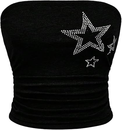 WDIRARA Womens Star Rhinestone Ruched Strapless Crop Tube Top Y2k Graphic Bandeau Tops