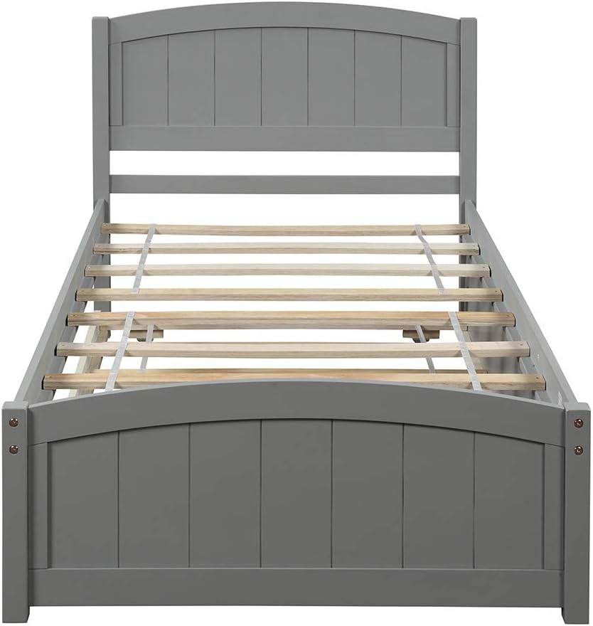 Twin Platform Bed with Trundle, Minimalistic Stylish Wood Bed Frame, Easy to Install (Gray)