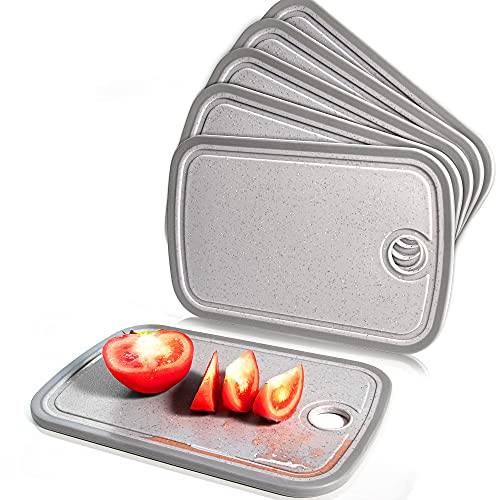 DIFULI Frühstücksbrettchen 6 Set, Schneidebrett Kunststoff Set, Brotzeitbrett Rutschfest mit Saftrille und Griff, Spülmaschinenfest, BPA Frei, Antibakteriell, küchenzubehör küchenbrett (Grau)