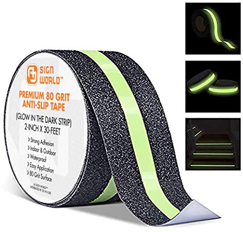 Best Anti-Slip Grip Tape, Black With Glow In The Dark Strip, 2" X 30 Ft, 80 Grit, Industrial Grade, Indoor, Outdoor, Weatherproof (2-Inch X 30 Feet Roll) #TOP1