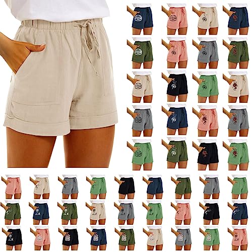 Generisch - Short d'été en mousseline pour femme - Short de plage baggy avec poches - Taille élastique - Coupe droite - Bermuda court décontracté - Avec cordon de serrage - Pantalon en lin, 01# beige, S