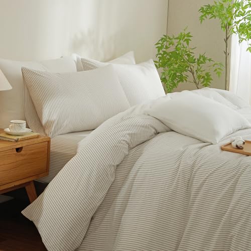 MWL Toy Striped Duvet Cover Set Full Size 3 Pcs Breathable Durable 100% Washed Cotton Comforter Cover for All Seasons Chic Linen Like Textured Bedding Set (White Light Brown Pinstripes, Full)