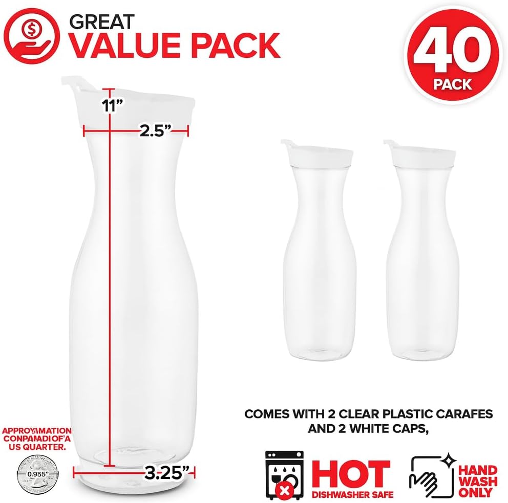 Plastic Juice Carafe with Lids Set of 40 32oz Clear Carafes for Drinks Water Milk Pantry Storage and Mimosa Bar