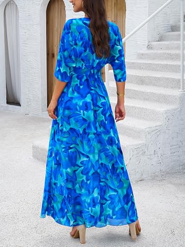 Image of UEAL Half Sleeve Summer Beach Wedding Guest Maxi Dresses for Women 2025 Medium Blue Floral