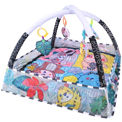 Bebamour Baby Play Gym & Activity Mat with 5 Sensory Hanging Toys, 18 Colourful Balls, Soft Washable Playmat, Foldable Baby Floor Gym for Newborn, Infants & Toddlers 0-24 Months (Green)