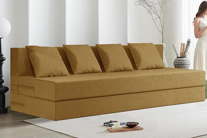 Rosebell 4-Seater Sofa Cum Bed – Golden | Easy to Use & Lightweight | Jute Fabric with Washable Cover & Cushion | 6x6 Ft | Perfect for Home, Office & Guest Room