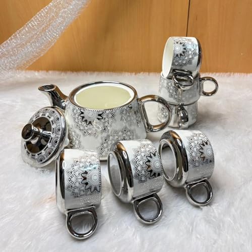 Image of DMRD MART-Porcelain Tea Set with Kettle |Tea Cup Set 7Pc | Aesthetic and Classic Cups Set | Premium Crockery for Home & Gifting with Golden Color Geometric Pattern Design. (Silver Lattice)