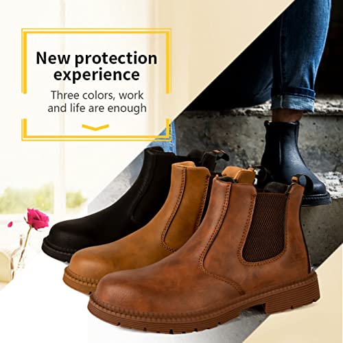 Micoklinlin Steel Toe Boots For Men Waterproof Lightweight Slip-On Safety Shoes Industrial Construction Mens Steel Toe Work Boots Brown #TOP1
