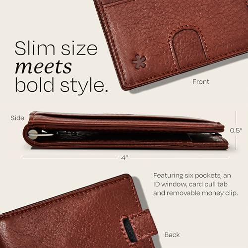 Image of Swear Brands Full Grain Leather Wallet with RFID Blocking & Money Clip - Minimalist Bifold Wallet Holds 12 Cards - Easy Access Pull Tab - Ethically Sourced (Brown)
