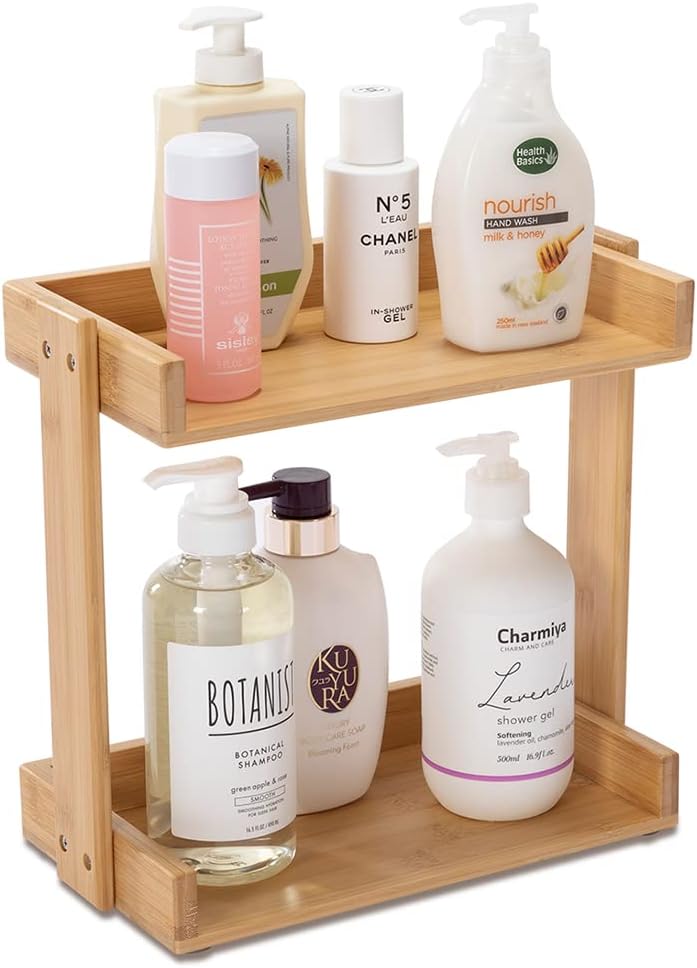 PELYN Bamboo Bathroom Countertop Organizer Corner Shelf for
