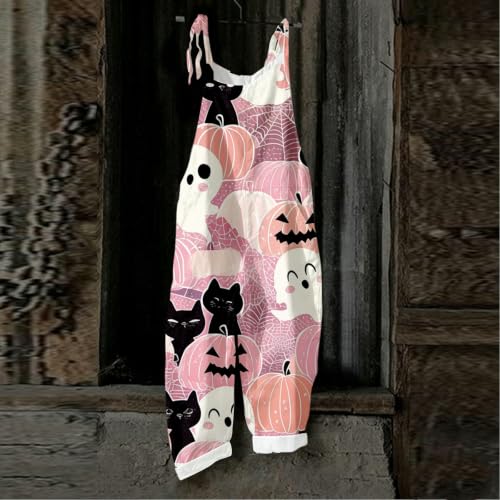 Qaezyco Halloween Jumpsuit Women,Halloween Jumpsuit Women One Piece Sleeveless Wide Leg Cat Pumpkin Print Overalls Fall Work Party Holiday Rompers(02_Pink,Medium) - image 3