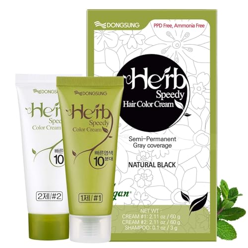 Dongsung Herb Speedy Color Cream(Natural Black, 1 Pack), PPD-Free Ammonia-Free Vegan Hair Dye with Sun Protection, Odorless, Gentle for Sensitive Scalp, No Eye or Scalp Irritation