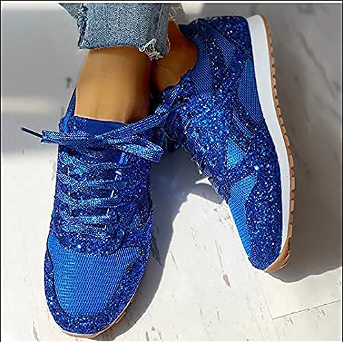 Jonuiony Women's Fashion Casual Breathable Crystal Bling Lace Up Sport Shoes Sneakers Glitter Tennis Sneakers Comfy Sparkly Rhinestone Bling Running Shoes Shiny Sequin Flat Heel Shoes(Blue,11) #TOP3