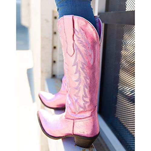 Aosphiraylian Cowgirl Cowboy Boots For Women Retro Pointed Toe Pull On Block Chunky Heel Glitter Sparkly Metallic Embroidered Long Tall Wide Mid Calf Western Boots Pink #TOP4