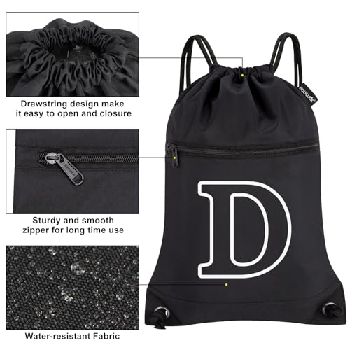 Image of HOLYLUCK Drawstring Bags Initial Backpack Sackpack Cinch Bags for Sports, Gym, Travel, Beach (Black-D)