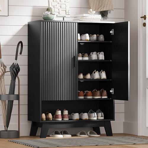 Image of Shoe Cabinet Storage for Entryway with Doors, 5 Tier Fluted Shoe Organizer with Adjustable Shelves, Entryway Shoe Storage with Wooden Legs, Freestanding Hidden Shoe Rack for Front Door Entrance, Black