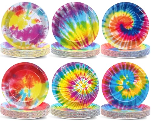 Naozinebi NB0639 72Pcs Rainbow Tie Dye Plates Birthday Party Supplies Tie Dye Birthday Tableware Colorful Party Plate Disposable Dessert Paper Plates cover