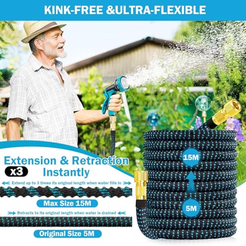 Gartenschlauch Flexibel - 15M Wasserschlauch Flexibel mit Verbinder aus Messing, Upgraded Gartenschlauch Dehnbar mit Brause, 3-Fach Latex Gartenschläuche Langlebig, Dehnbarer flexibler Garden Hose