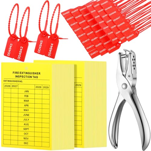Chunful 101 Pieces Monthly Fire Extinguisher Inspection Tags 2026 to 2029 Plastic Maintenance Record Tags 5 x 3.25 Inch with Hole Puncher Adjustable Wire Ties Tamper Seals Numbered Security(Yellow)