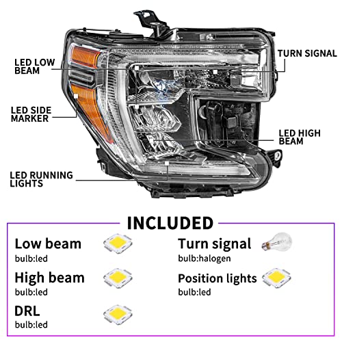 Headlight Assembly For Gmc Sierra 1500 2019 2020 2021, Oe Style Led Type W/Halogen Turn Signal Light, Passenger Side Headlamps, 84772474 84507047 84621805 #TOP2